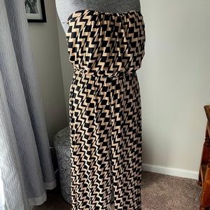 Dressy strapless jumpsuit, black and tan pattern. Size L.